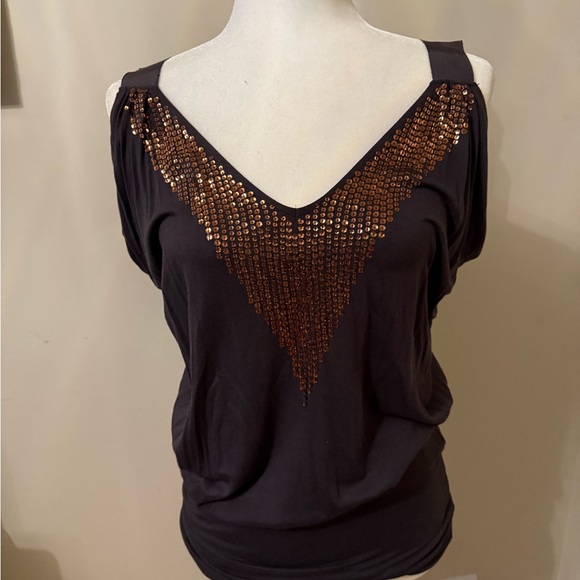Express Tops - Express Slate Gray cold shoulder Top with Bronze Sequin Detail